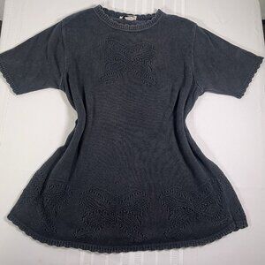 Vintage 90s LEA Knit Tunic Grey Sweater Pointelle Butterfly Boho Large Coquette